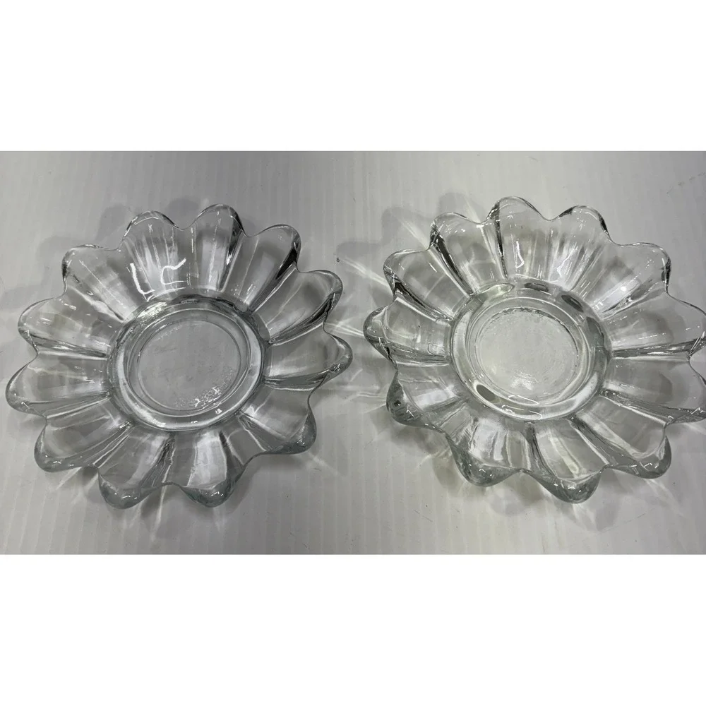 VTg Set of 2 Clear Glass Scalloped Petal Candle Holder Trinket Dish USA Made